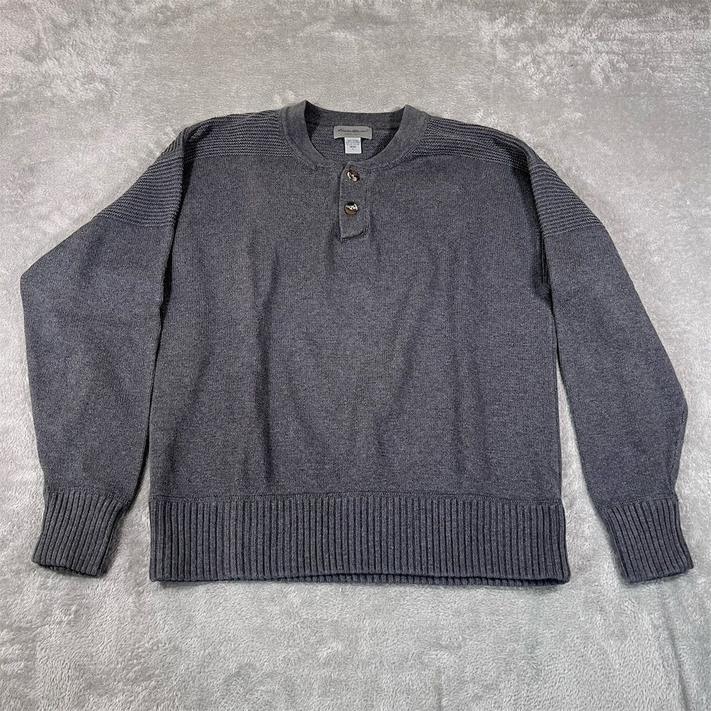 Eddie Bauer Henley Sweater Size Large Men's Gray Knit Wide Hem